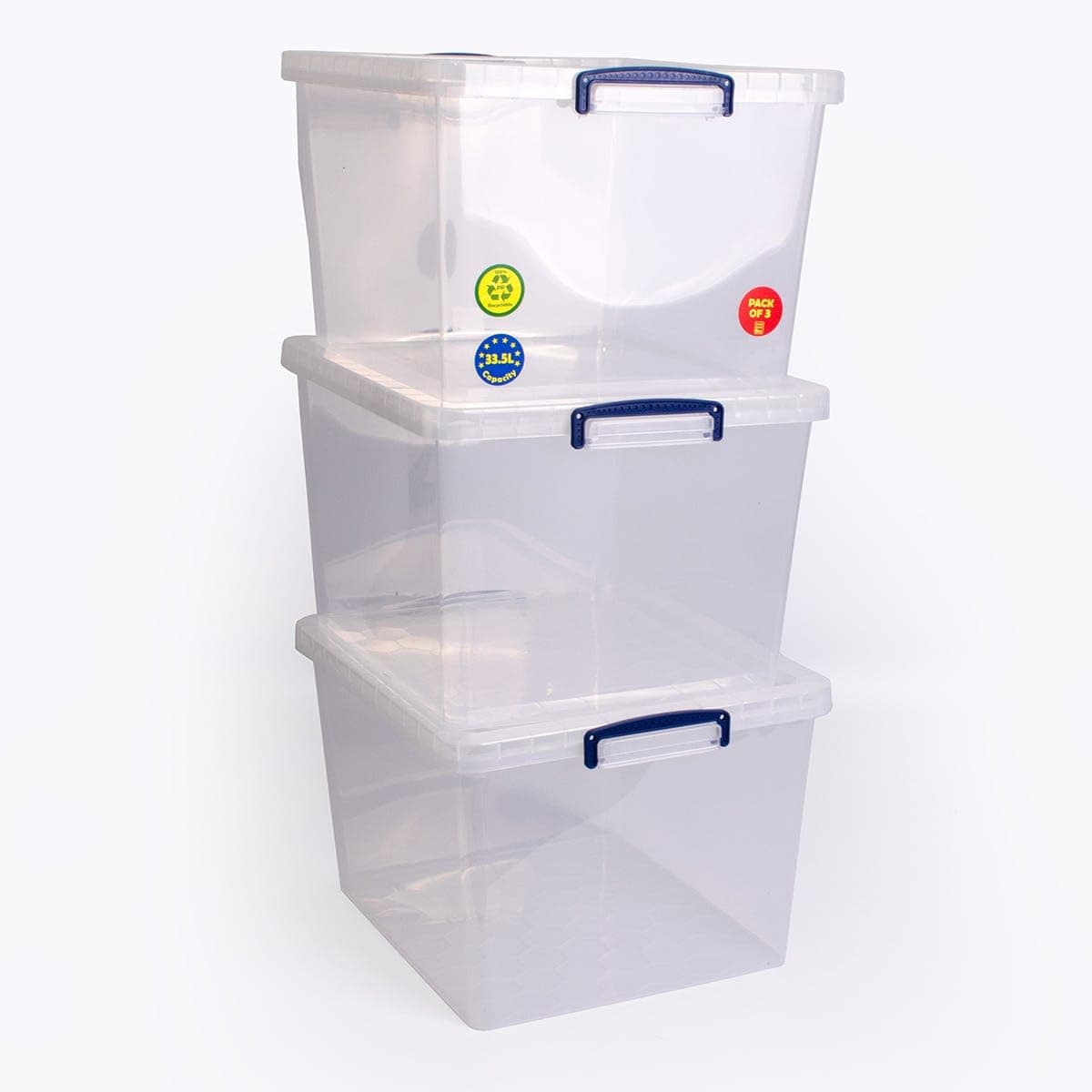 Really Useful Box 3 x , 33.5 litres, nestable with lid, 380 mm x 460 mm x 285 mm, transparent