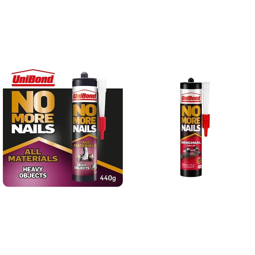 UniBond 2492936 No More Nails All Materials Heavy Objects Construction Adhesive, White, 440 g Cartridge & UniBond 1426052 No More Nails Original, Heavy-Duty Mounting Adhesive, 1 x 365g Cartridge