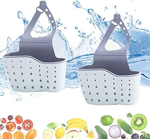 2pcs Kitchen Sink Strainers Bag, Silicone Candy Sponge Holder Organizer, Bathroom Hanging Strainer, Storage Holder with Adjustable Straps, Brush Toothbrush Holder Organizers PVC Rubber (Pink Green)