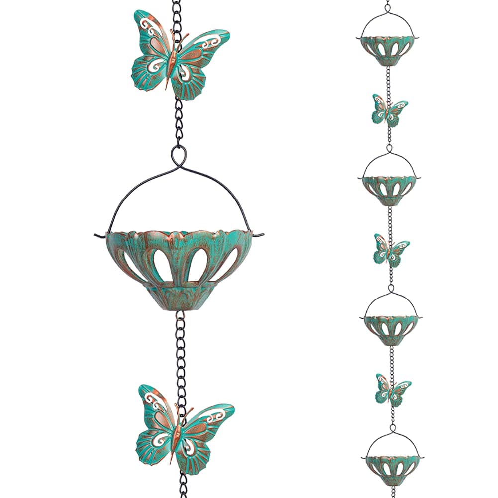 12FT Rain Chains for Outside, Metal Rain Chain with Butterfly Decor, Adjustable Rain Catcher Chain with Bell for Eaves Drainage, Replacement for Downspout (12 Cups)