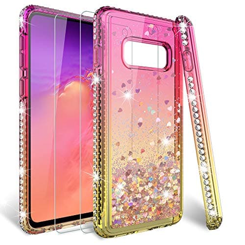 HATOSHI Galaxy S10e Glitter Case with Screen Protector Tempered Glass 2 Pack for Girls Women, Quicksand Sparkle Bling Diamond Clear Cute Protective Phone Case for Samsung Galaxy S10e Pink Gold