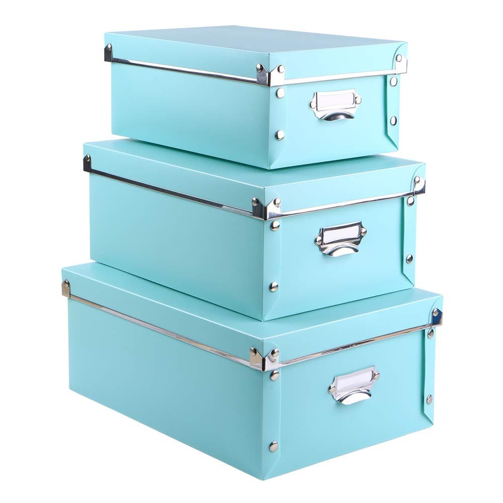 Eagle Decorative Storage Box with Lid, Plastic, 3 in 1 Set, with Handles, Labels and Label Holders, Press-Stud Fastening, Fold-able for Space Saving Storage(Mint)