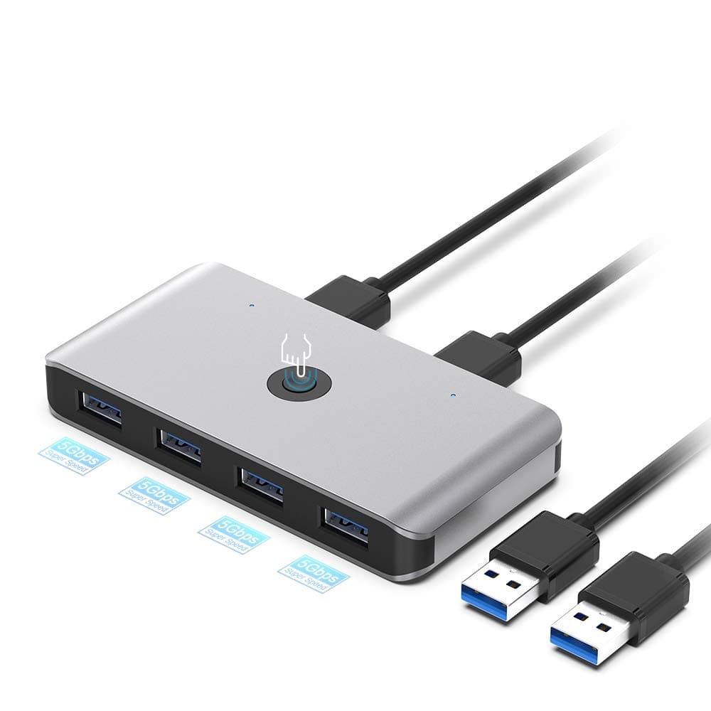 Rocketek USB Switch, USB 3.0 Sharing Switch for 2 Computers Sharing 4 USB 3.0 Ports, KVM Switches for PCs with One-Button Swapping, High Data Transfer Speed & 2 Pack USB Cable