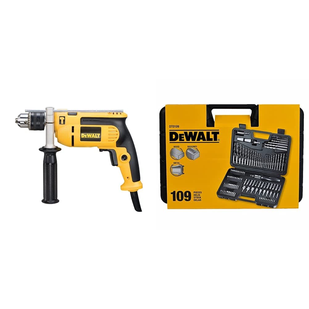 DEWD024K DWD024KS 230 Volt Percussion Drill 13 mm with Kitbox, 701 W, Yellow/Black & DT0109 Screwdriver and Drillbit Set (109 Pieces)