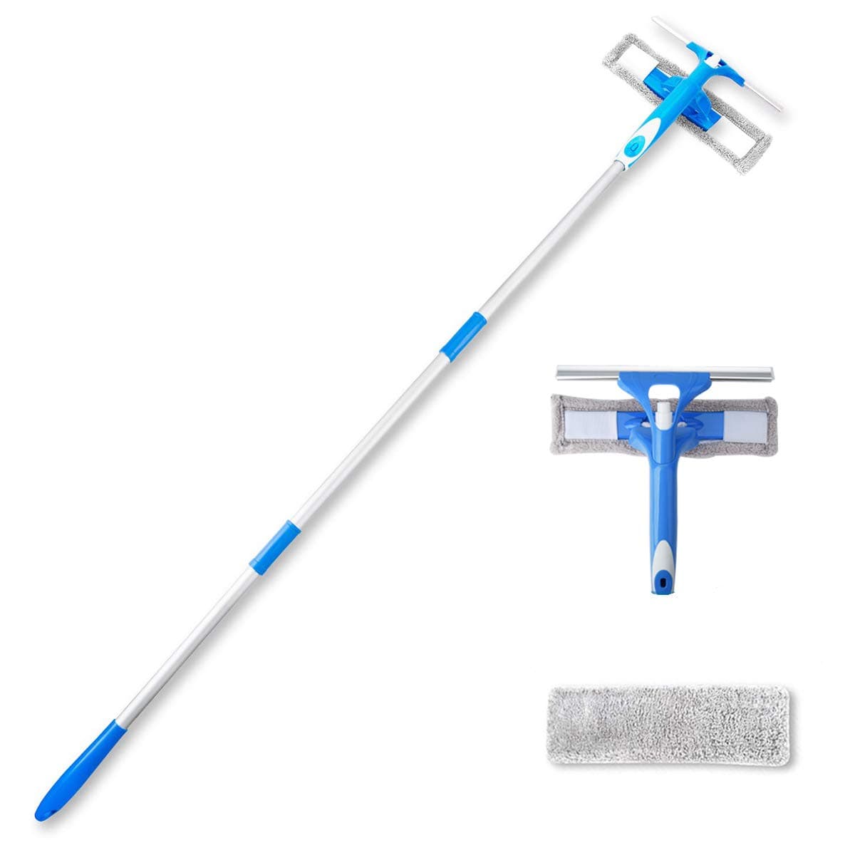 High Window Squeegee Cleaner with Scrubber, 58" Extension Pole, 3 in 1 Telescopic Washing Equipment with Spray Head