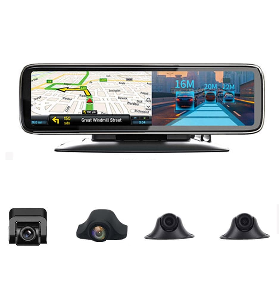 T88P 360°Panoramic 12 inch Full Screen 4G Touch IPS Special Car Dash Cam Rear View Reversing Mirror with GPS Bluetooth WiFi Remote Monitoring Android 8.1 FHD 1080P 4CH Cameras Lens