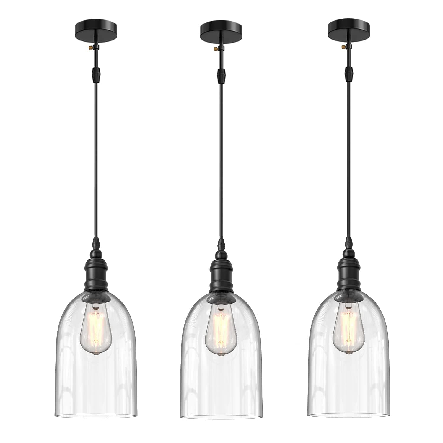WINSOON Mini Pendant Lights, Single Hanging Ceiling Light Fixture Clear Glass for Kitchen Island, Adjustable UL Listed 59 Inch Cord, E26/E27 Base(40W max.), Vintage Oval Shape, Black,3 Pac