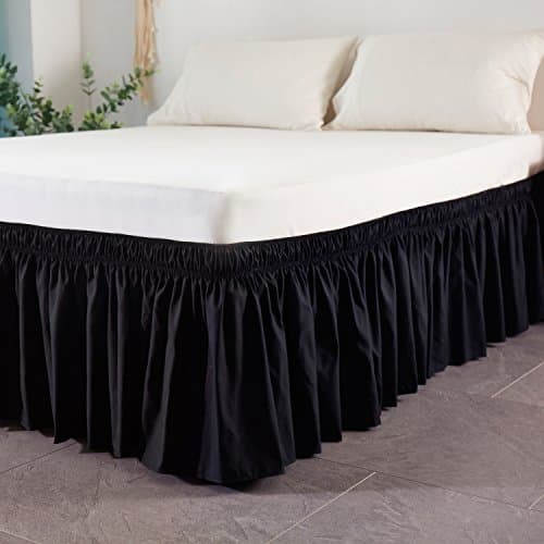 Cozylife Three Fabric Sides Wrap Around Elastic Solid Bed Skirt, Easy On/Easy Off Dust Ruffled Bed Skirts 16 Inch Tailored Drop (Black,Full/Queen)