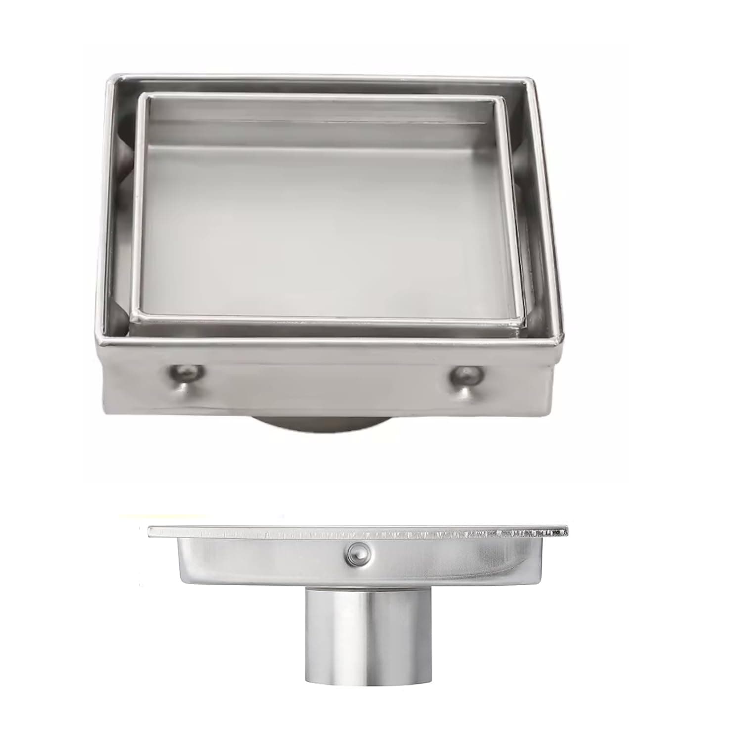Biella Tile Insert SS Floor Drain Square with Strainer & NRV | 304 Stainless Steel, Anti-Clogging, Odor NRV Control, Leak-Proof – Silver | For Kitchen, Washroom etc (4 INCH X 4 INCH X 2 INCH)