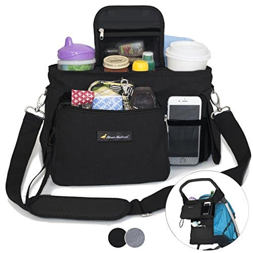 BEST STROLLER ORGANIZER WITH CUP HOLDERS - Universal Fit - Premium Storage Bag for Moms Phone, Wallet, Keys, Snacks, Baby Items - Zip Off Wristlet - Baby Travel Accessories - Perfect Baby Shower Gift