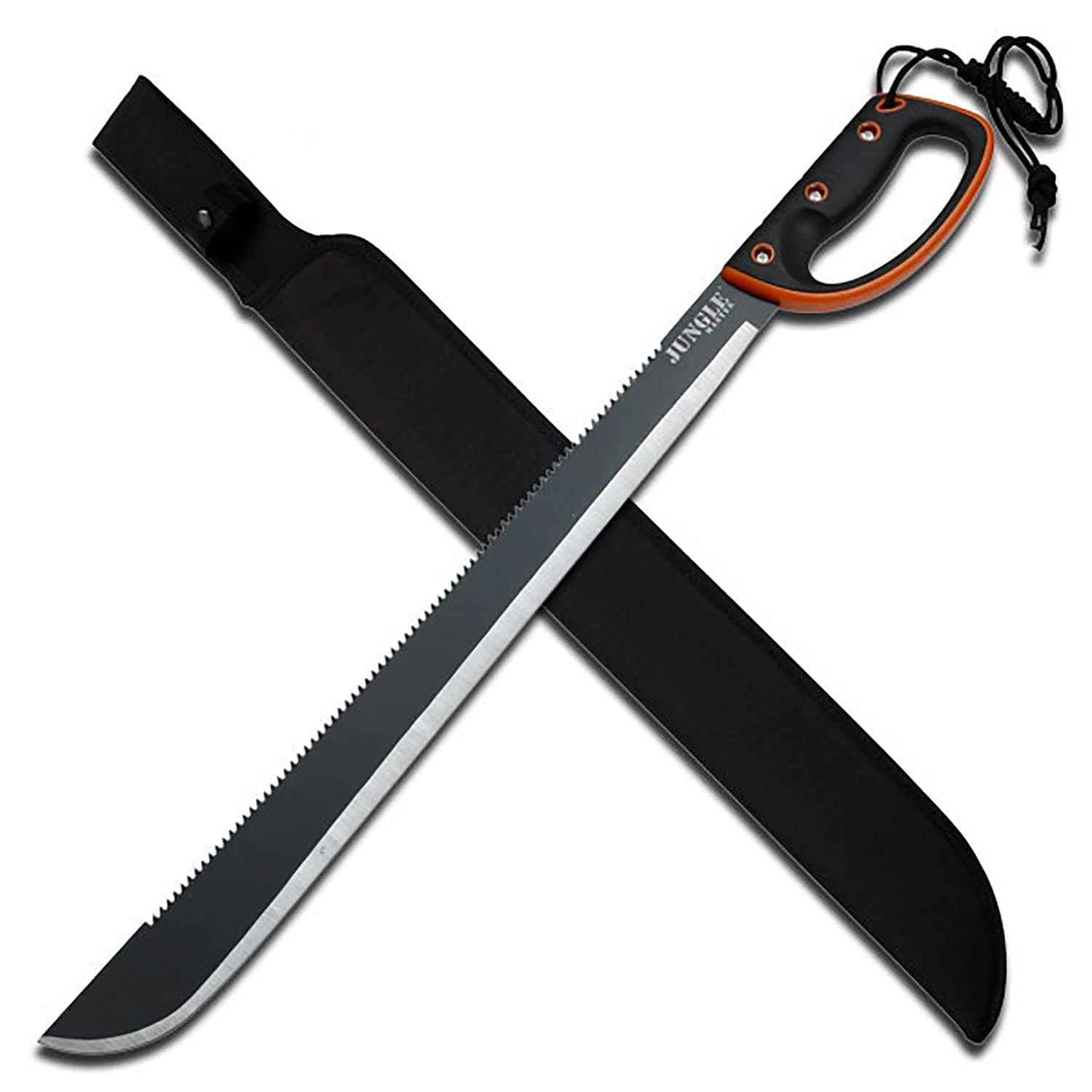 Machete w/ Reverse Serrations – Black/Satin Blade, Full Tang, Black/Orange Rubberized Nylon Fiber Handle, Nylon Sheath, Outdoor, Hunt, Camp, Hike, Survival, JM-024L