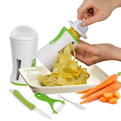 Premium 4 in 1 Vegetable Spiralizer - Spiral Slicer Bundle (White) + FREE Ceramic Peeler + FREE Ceramic Knife + FREE Cleaning Brush. Includes 2 Vegetable Cutter Sizes