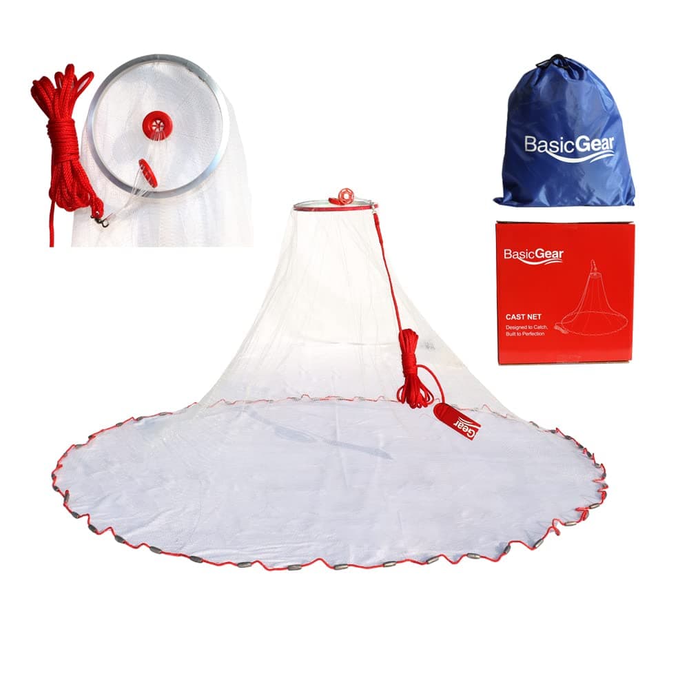 BasicGear Easy Throw Frisbee Cast Net for Bait Trap Fish | 4ft-6ft Radius with 3/8 or 1/4 inch Mesh for Freshwater and Saltwater | Lead, Zinc, Protective Shell Iron | Professional Grade and Upgraded Material | Throw Style