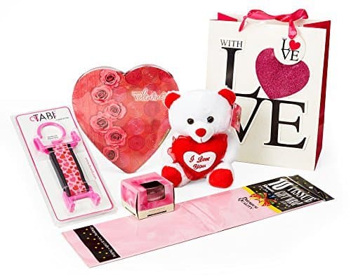 Love Gift Set for Her - Includes: Sparkly Gift Bag, Heart Chocolate Gift Box, Limited Edition Hearts TABI, Plush Teddy, Romance Candle, Matching Tissue Paper. Easy Assembly