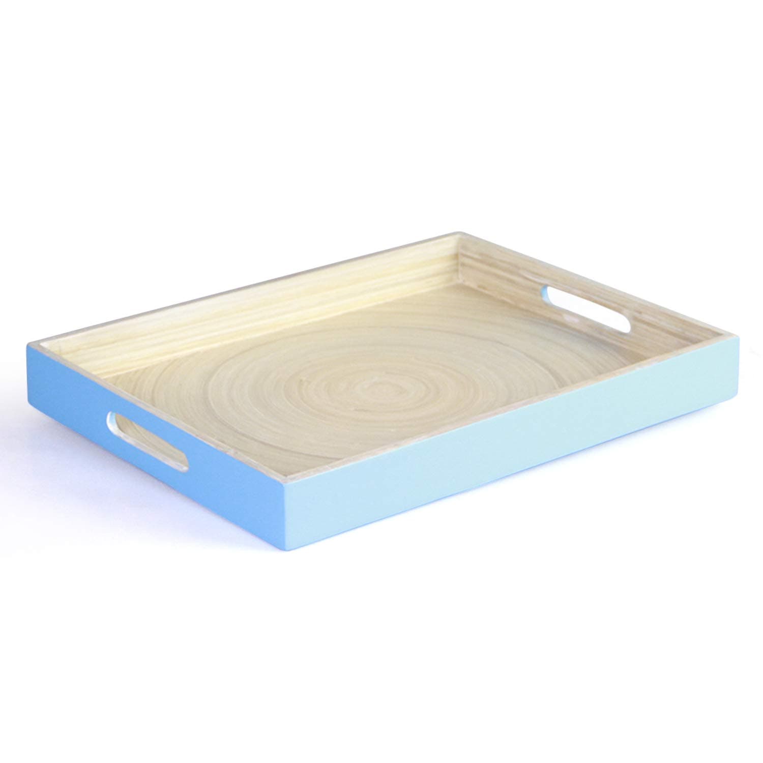 Bamboo Lacquer Tray With Cut-Out Handles - Hand Crafted Multipurpose Serving Tray Made With Durable Eco-Friendly Spun Bamboo (Rectangular 16 X 12 Inches,Turquoise,Gloss Luster Finish)