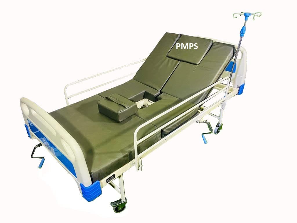 PMPS 3 in1 Commode Bed with Head Elevation for Disabled Person I Left & Right Turn for Diaper Change I Safety rails I IV Pole I Head wash basin I Food table I Wheels for bedridden patient at home