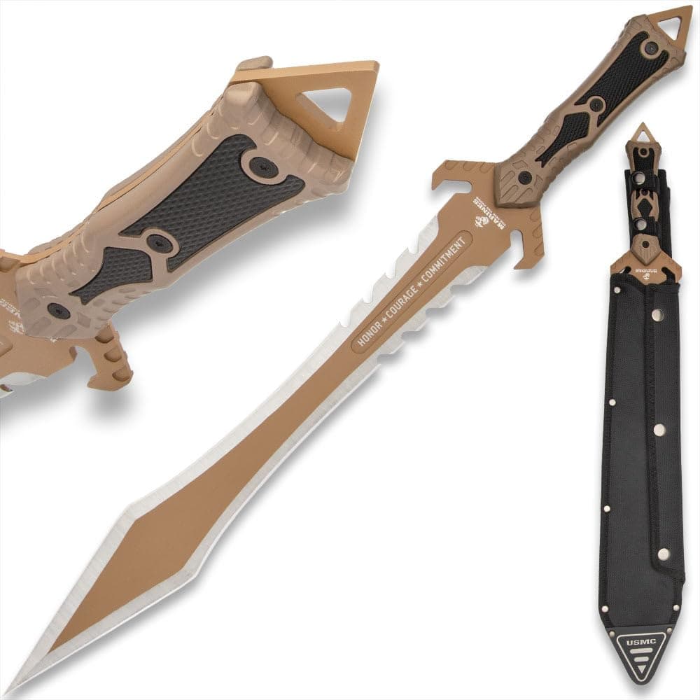 USMC Desert OPS Gladiator Sword and Sheath with Shoulder Strap - Officially Licensed, Stainless Steel Blade, Anti-Corrosion Coating, ABS Handle - Marine Corps Approved for Modern Warrior - Length 24"
