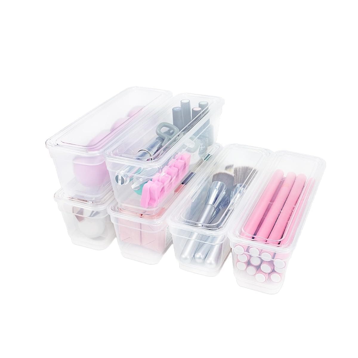 AB Designs Bin Pack, [6] Long Home Organizer Storage Boxes with Lids, Translucent Clear