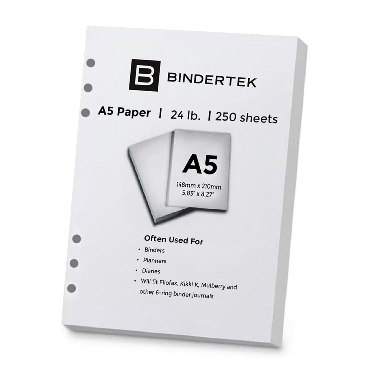 Bindertek 24 lb. A5 Size 5.83" x 8.27" 6-Hole Punched Paper, Ream of 250 Sheets, 96 Brightness, 90 gsm, For Filofax, Kikki K., Mulberry and other Journals and Diaries, Acid Free Archival Quality