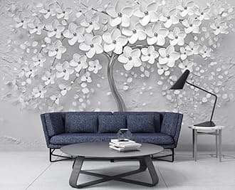 3D Black Floral Wall Mural | Embossed Look Removable Floral Wallpaper with Stunning White Flowers and Black Trunk Tree Design