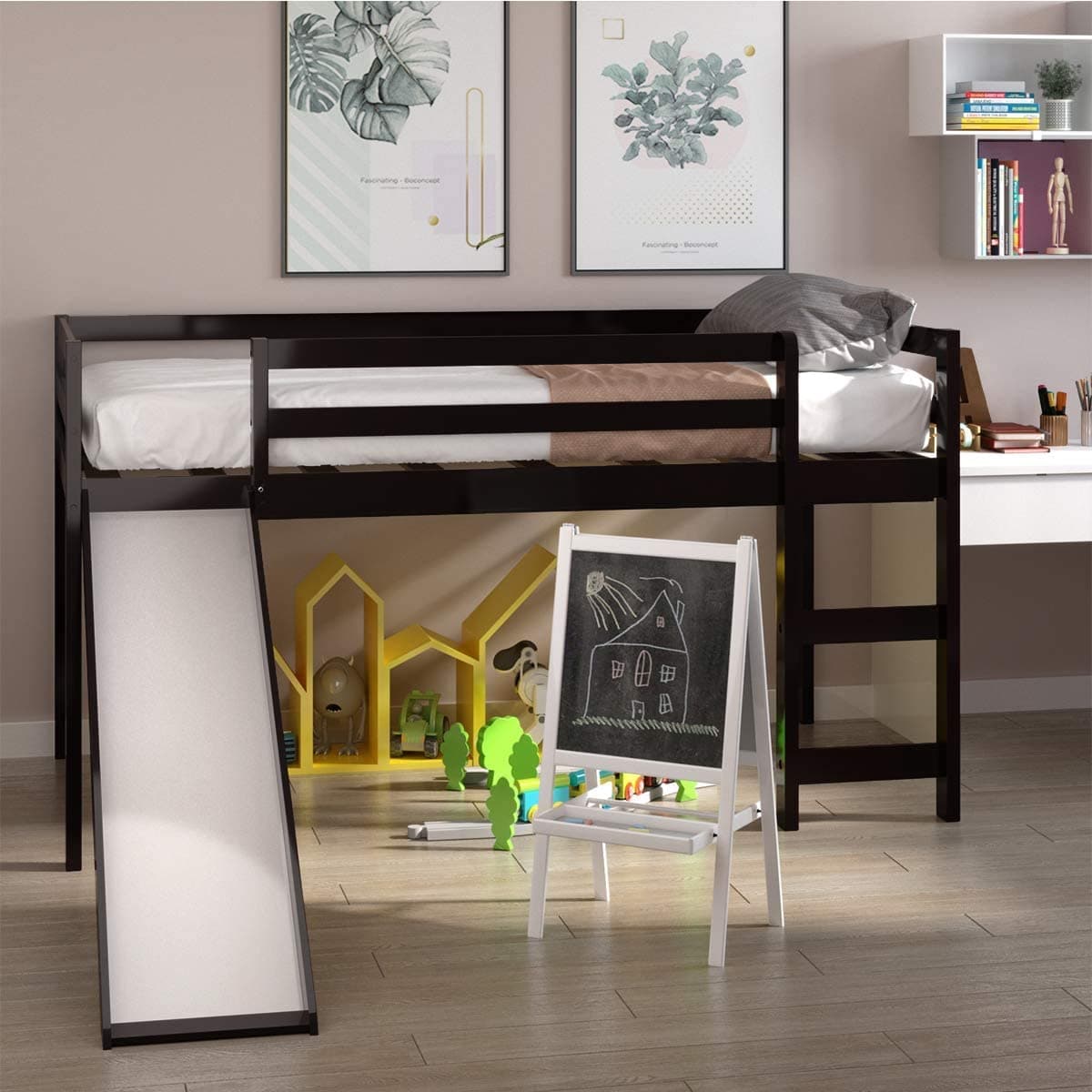 Twin Low Loft Bed with Slide & Stairs – Solid Wood Kids Loft Bed Frame, Guard Rails & Slat Support, Climbing Ladder, Space-Saving for Boys & Girls (Espresso)