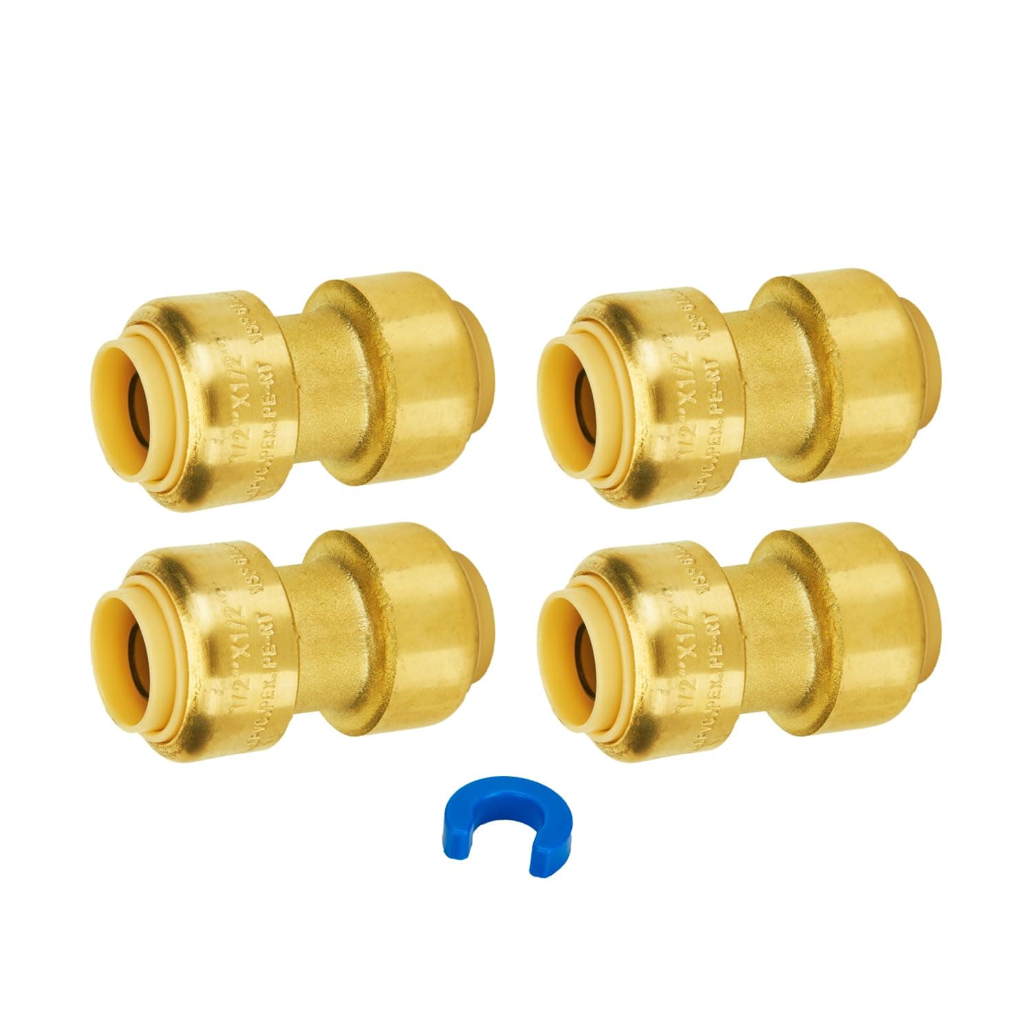 SUNGATOR Pushfit 1/2 Inch Coupling, Push Plumbing Fitting 1/2 Inch, No Lead Brass Push to Connect Pex Pipe, Copper, CPVC, with 1 Disconnect Clip, Pack of 4