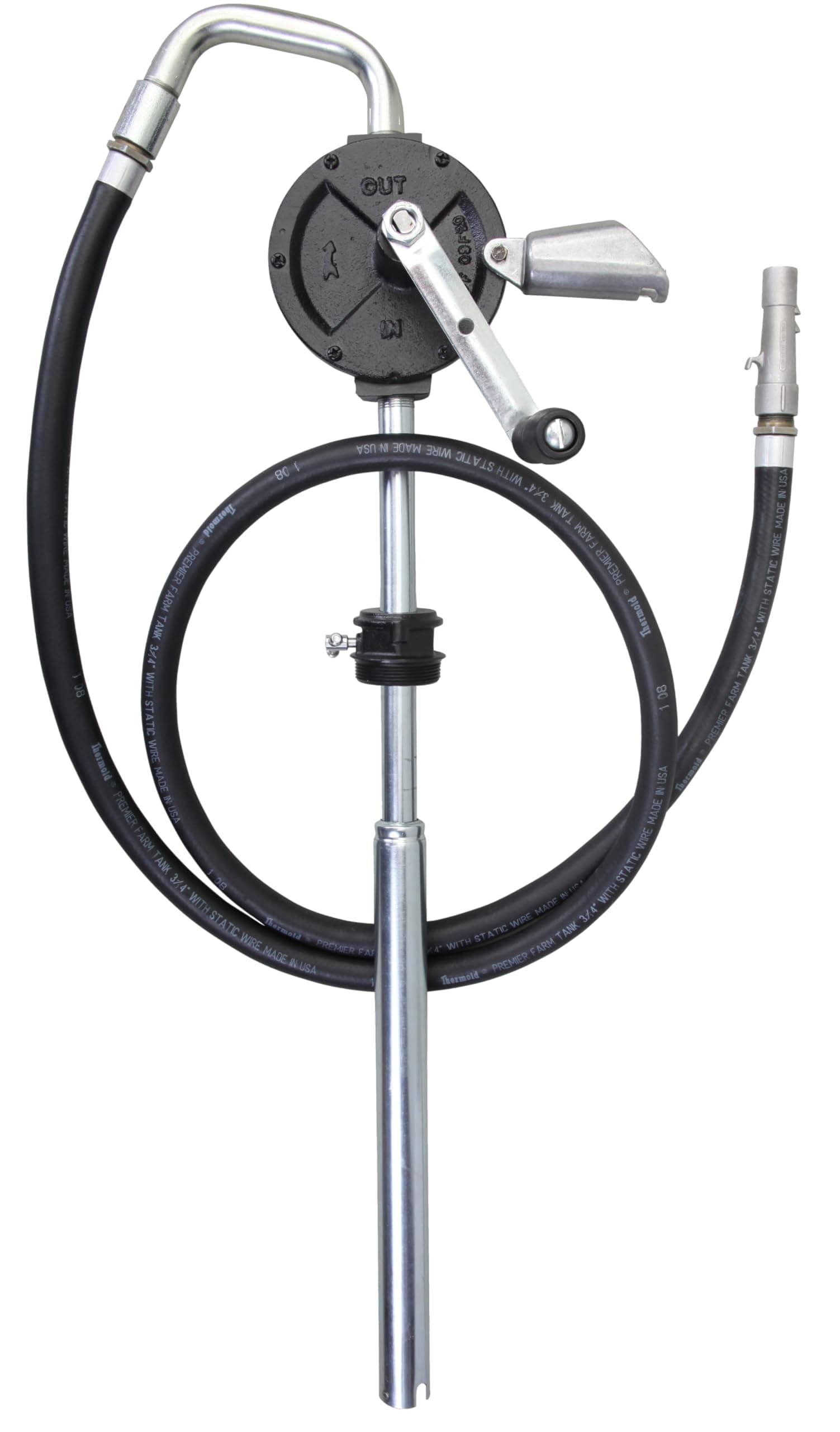 Groz 44081 Industrial Rotary Fuel Transfer Pump, 10 GPM Cast Iron Hand Pump with Anti-Static Hose & Non-Sparking Nozzle for Diesel, Gas, Oil Drums