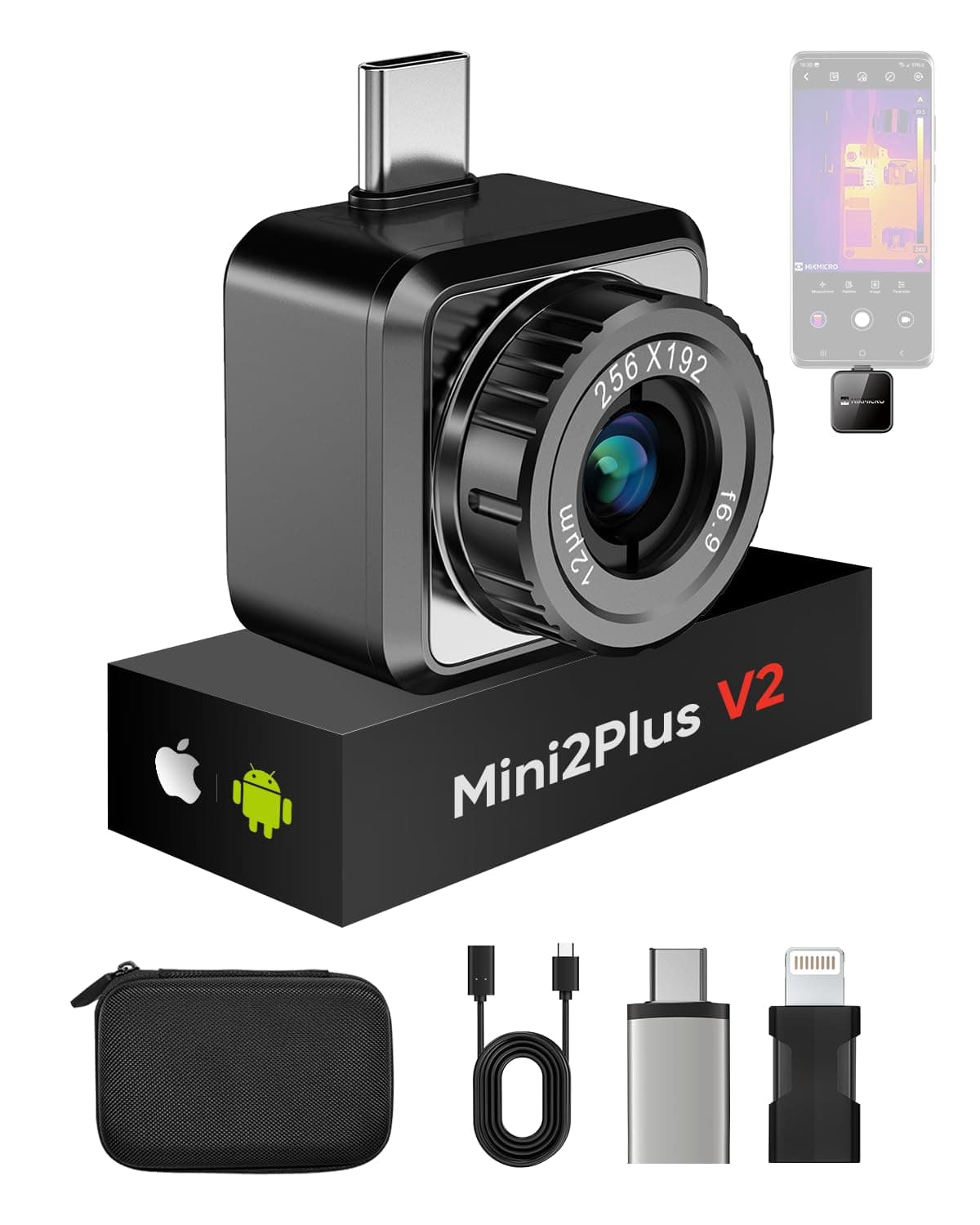 Mini2Plus V2 Thermal Camera - iOS/Android, 256x192 IR, 512x384 SuperIR, Adjustable Lens, 25Hz, No Battery, for Phone/Tablet/PC, USB-C/Lightning Port (Adapter Included, support iPhone 15)