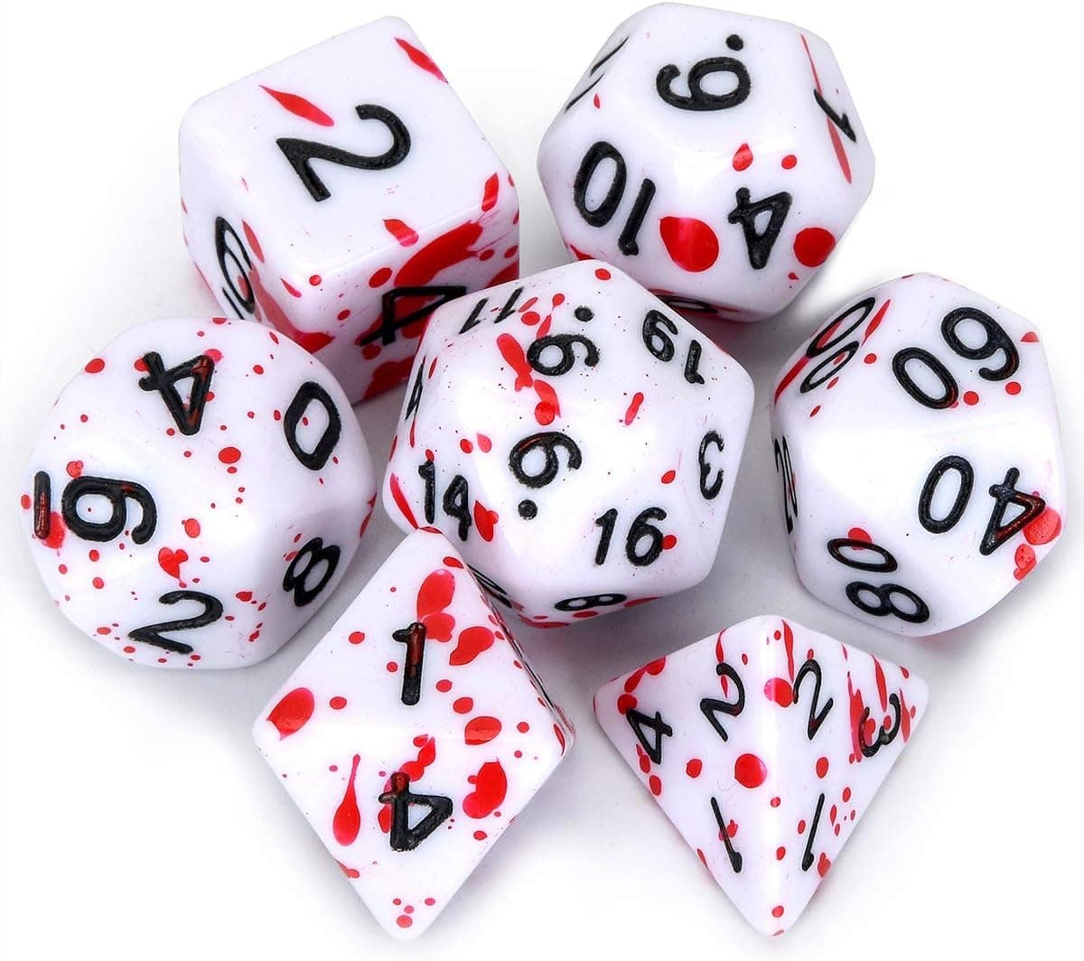Red Dice FLASHOWL D&D D20 Set with Irregular Spray Red Dots Splatter Polyhedral Role Playing Gaming Dice W20 Dungeons and Dragons Dices Set of 7