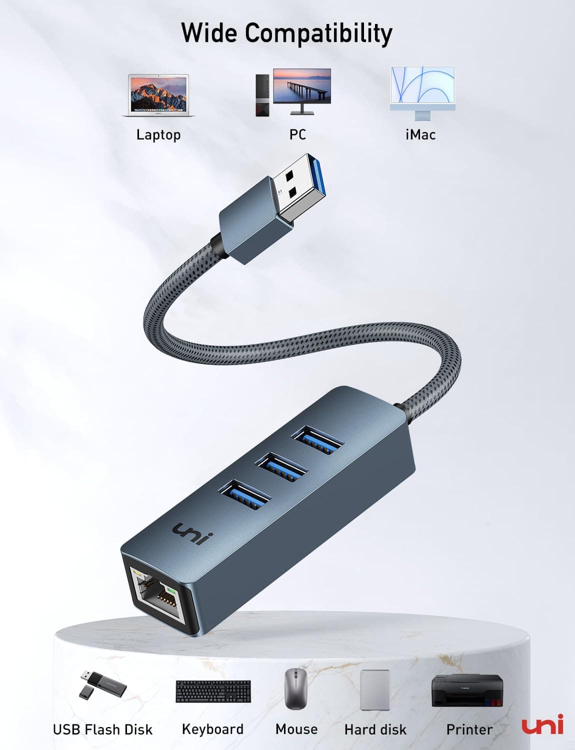 USB to Ethernet Adapter, uni USB 3.0 HUB with Ethernet, 1Gbps RJ45 LAN Network Adapter, for HardDisk Mouse Keyboard, Compatible with MacBook Surface Pro Chromebook, Windows XP Linux