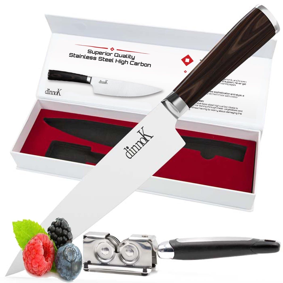 Professional 8 Inch Chef Knife Set – Ultra Sharp, High Carbon German Steel Blade with ErgonomicHandle + FREE Kitchen Knife Sharpener – Chefs Knife Cut Sushi Sashimi Fish Meat Vegetable