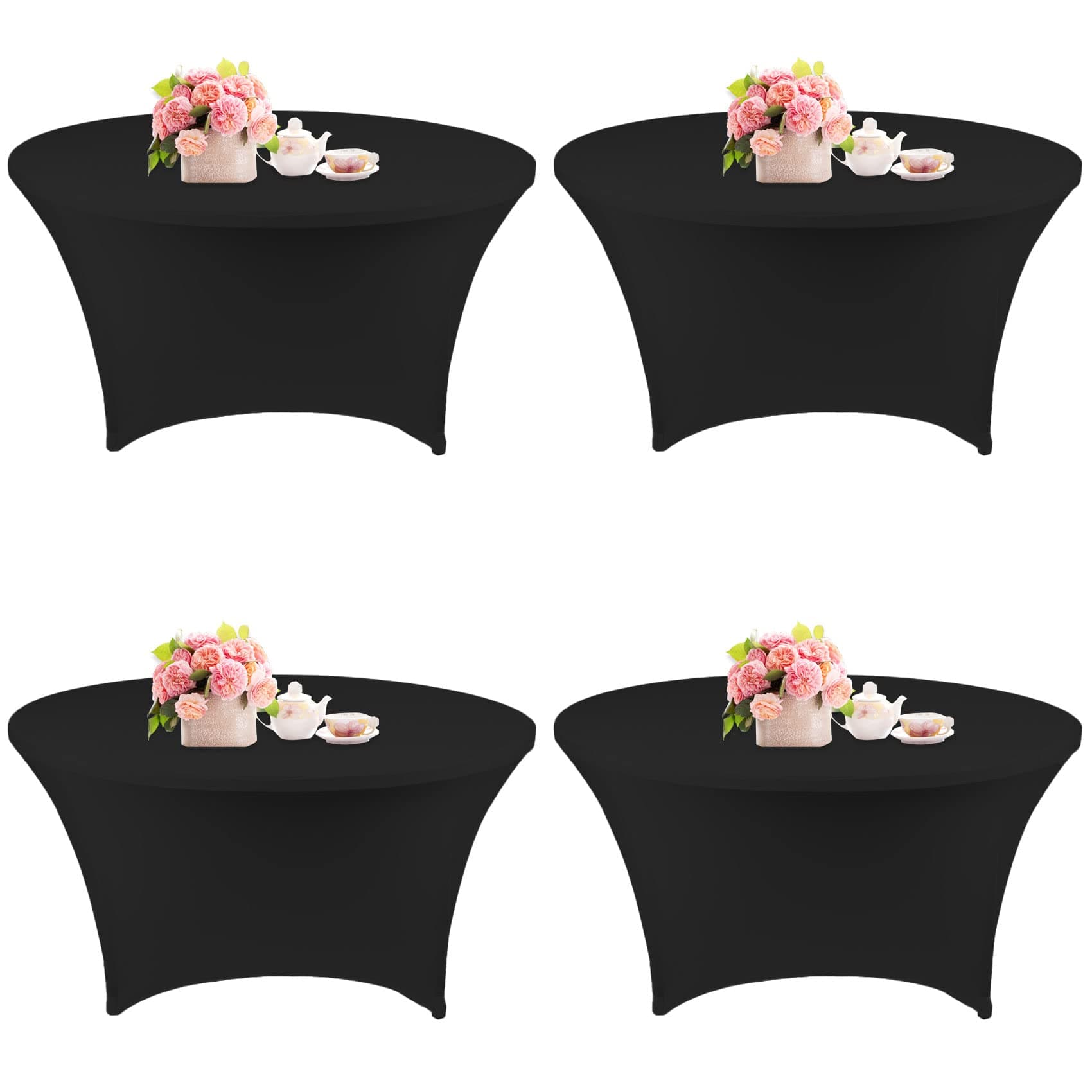 4 Pack 6FT Round Spandex Tablecloth 72 Inch Black Stretchable Table Cover Washable and Wrinkle Resistant Table Cloth, Fitted Round Table for Wedding, Banquet, Birthday, Party, Restaurant (Black)