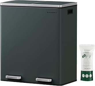 SONGMICS Trash Can, 2 x 8 Gallon (2 x 30 L) Garbage Can for Kitchen, with 15 Trash Bags, 2 Compartments, Plastic Inner Buckets and Hinged Lids, Airtight, Greenish-Gray ULTB60GS02
