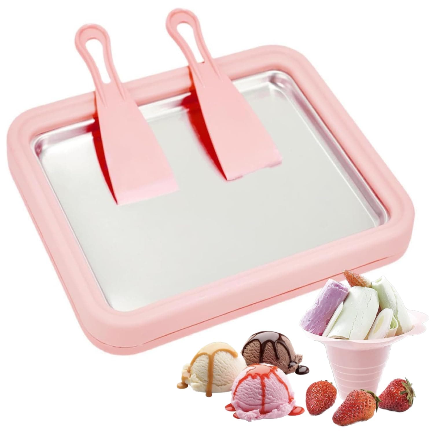 Wtrtr Big Ice Cream Roller Maker，Ice Cream Roll Dessert at Home，Ice Plate Ice Cream Roller Plate Anti-Griddle Pan with 2 Spatulas Easy Homemade Rolled Ice Cream, Frozen Treat Maker (Big Pink)