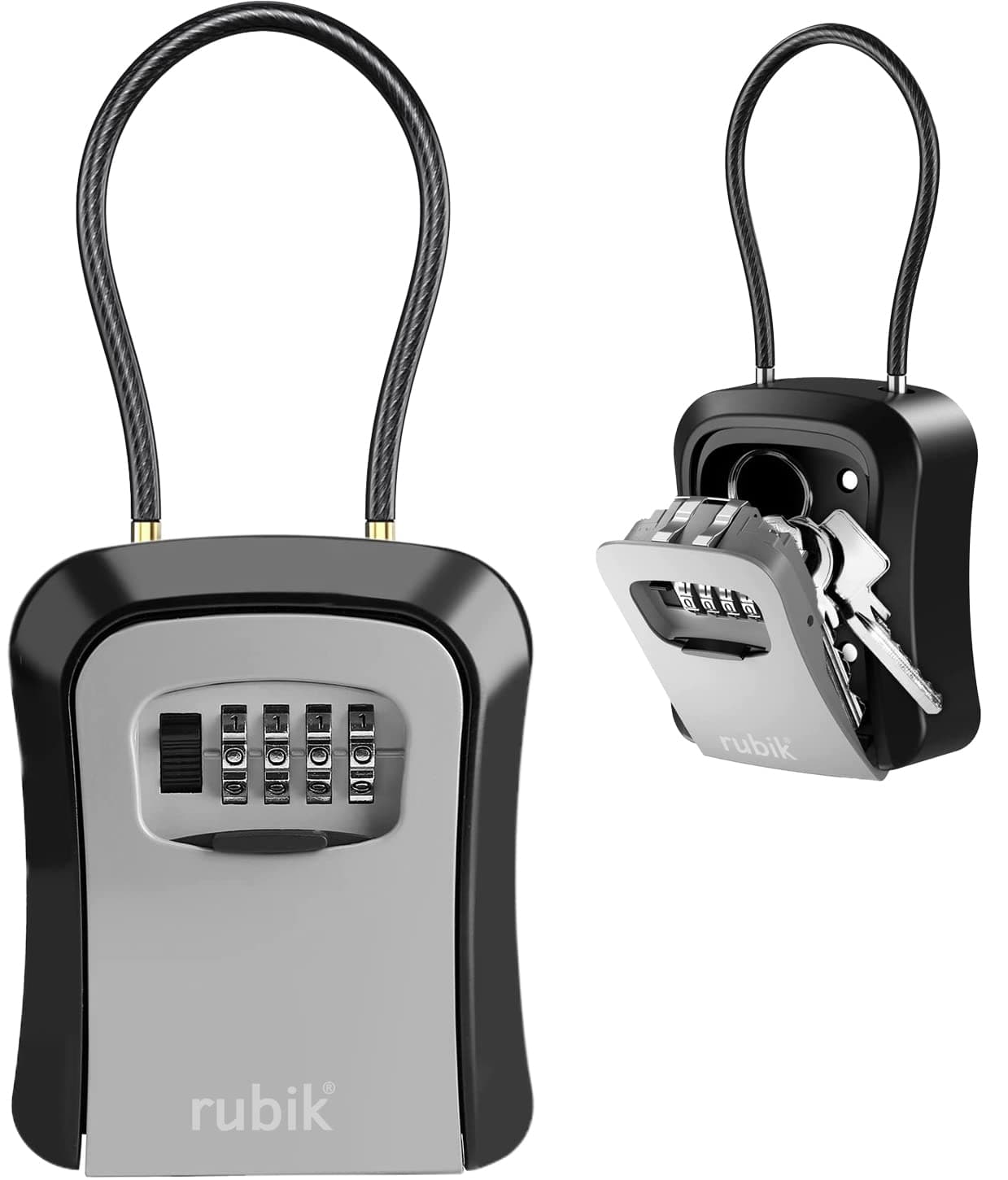 Rubik Key Storage Wire Padlock Safe Box with 4-Digits Combination Resettable Lock Hanging and Wall Mounted for Home Hotel Office - Gray/Black