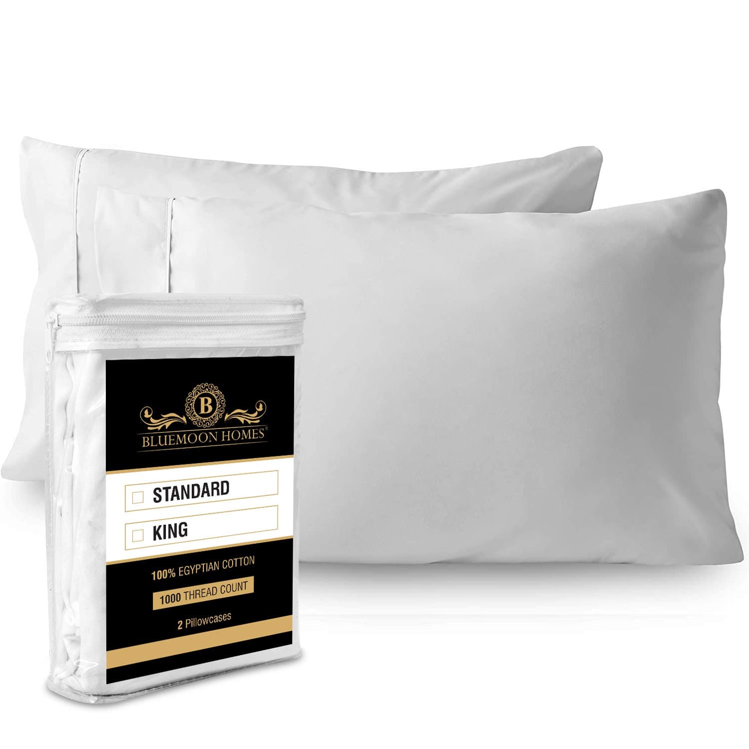 Bluemoon HomesKing Size Pillowcases 1000 Thread Count Breathable Cooling White Pillow Covers Long Staple 100% Egyptian Cotton Pillow Case for King Pillows - Soft, Smooth Hotel-Like Pillow ProtectorsOEKO-TEX STANDARD 100
