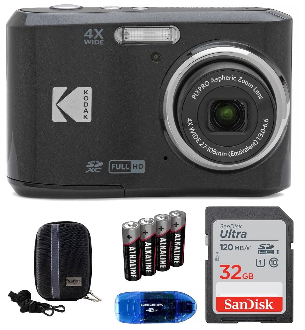 Pixpro FZ45 Digital Camera Bundle, Includes: SanDisk 32GB Memory Card, Spare Batteries, Hard Shell Camera Case and Card Reader (5 Items) (Black)