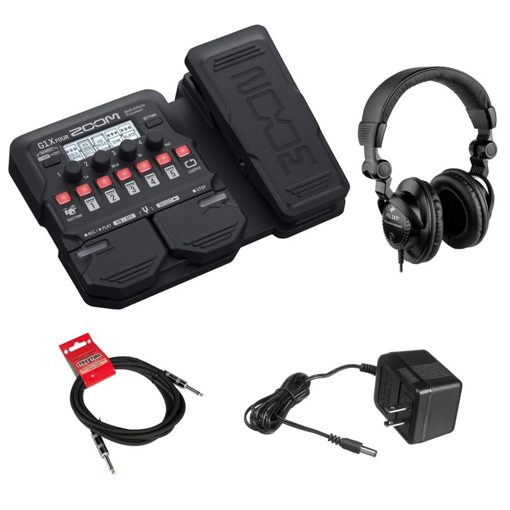 G1X Four Guitar Effects Processor (Built-In Expression Pedal) with Polsen HPC-A30 Monitor Headphones, 9V Power Adapter & 10ft Instrument Cable Bundle