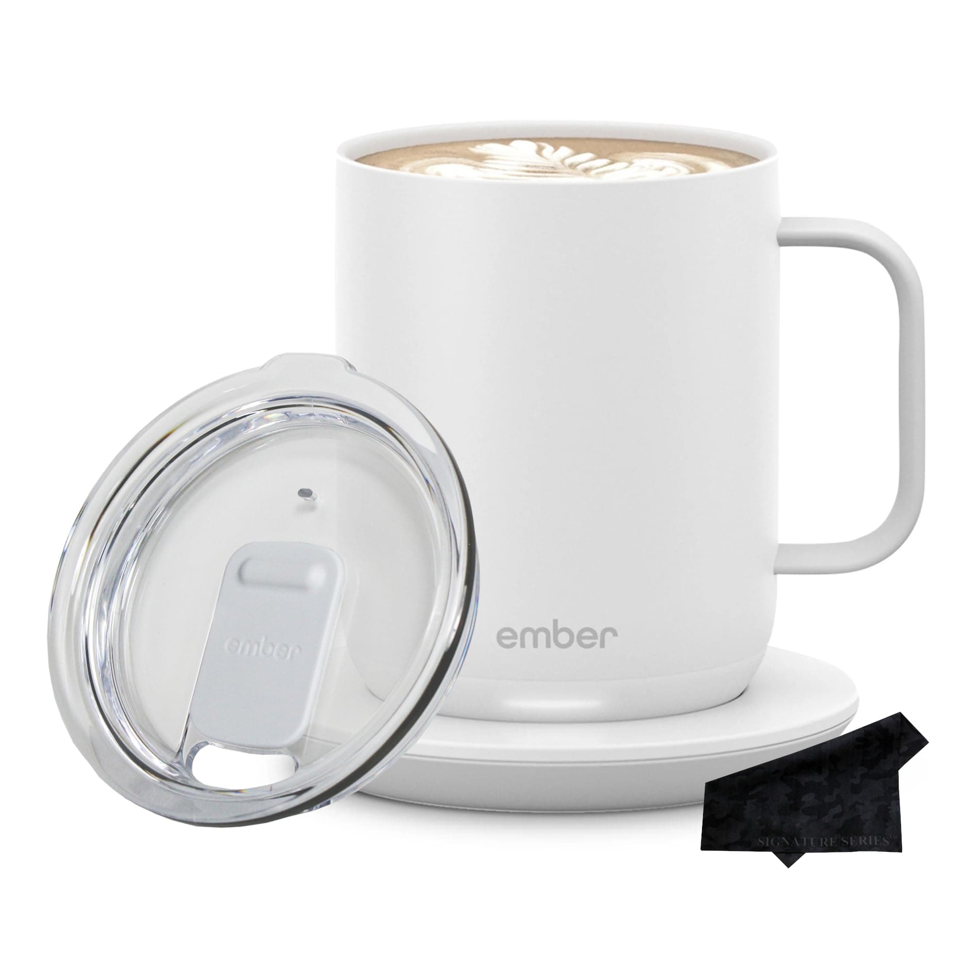 Ember Temperature Control Smart Mug 2, 14oz White, App Controlled Heated Coffee Cup | Double Your Battery Life When You Pair Mug with an Ember Sliding Lid and Signature Series Microfiber Cloth