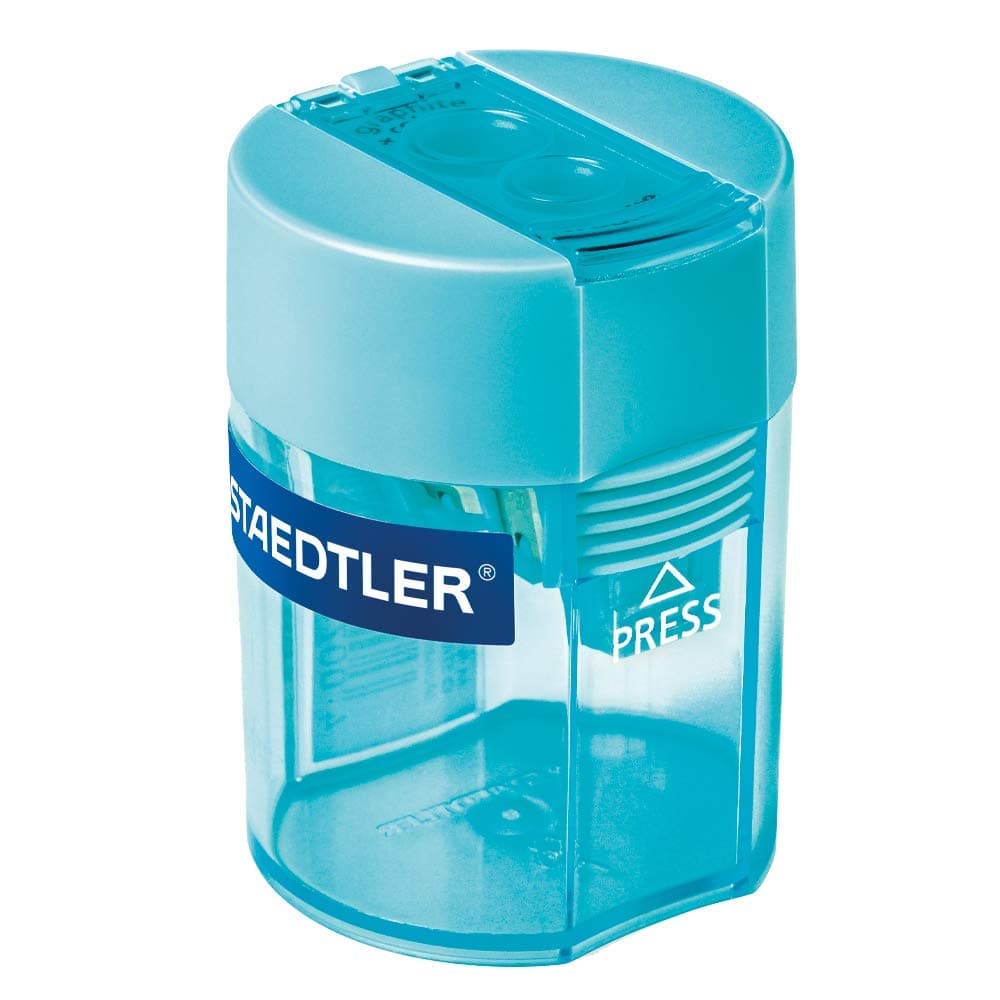 Double pencil sharpener with a cyan container