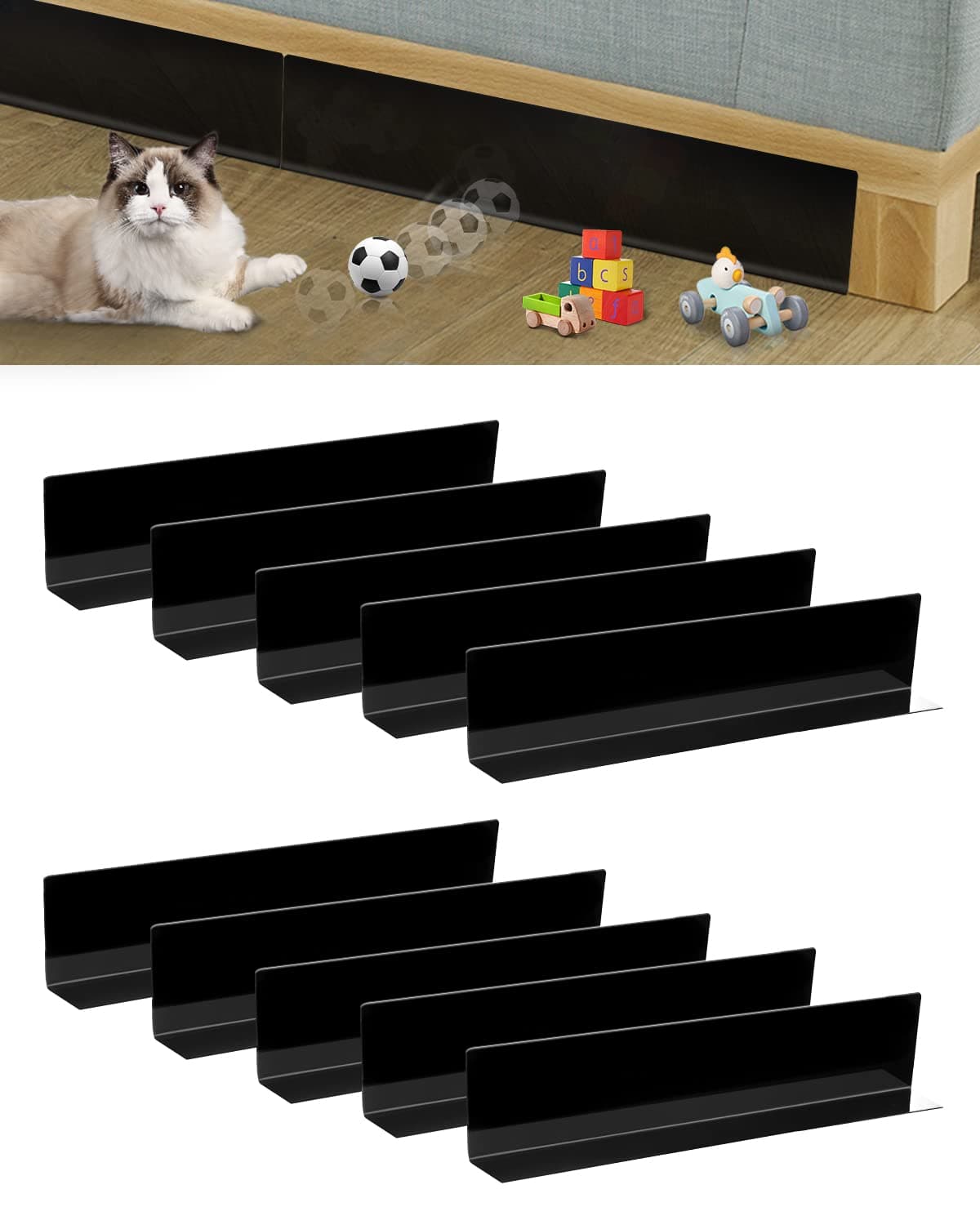 10Pack Under Couch Toy Blocker - Bed Blocker for Pets - Stop Pet and Things from Going Under Couch Sofa Bed and Other Furniture - Strong Tape for Hard Surface Floors Only - Black (3.2 Inch)
