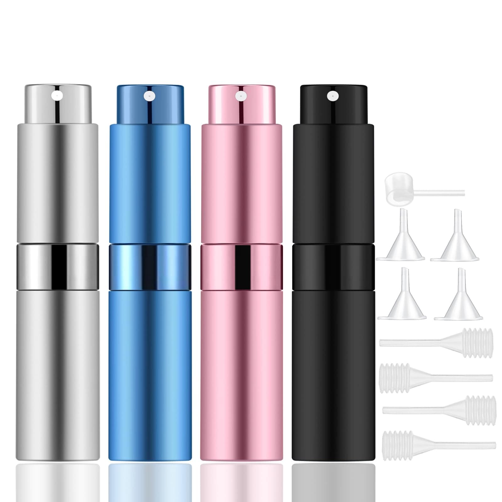 Lil Ray 8ml Portable Mini Perfume Atomizer(4 PCS),Refillable Empty Small Spray Bottle for Travel, Twist Type Pocket Cologne Sprayer (Matte Black, Pink, Blue, Silver)