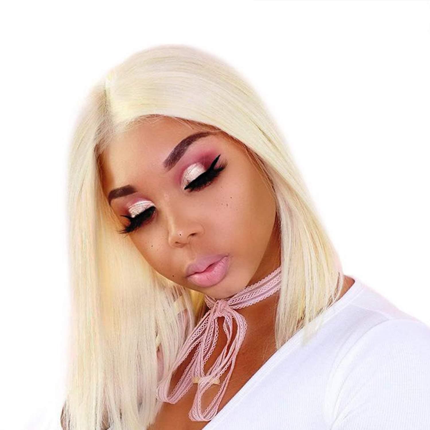 Platinum Blonde Wig 13×6 Deep Part Bob Lace Front Wigs 14’’ Natural Hair Hairline Silky Straight Wigs for Women #613 Synthetic Hair Repalcement Wig