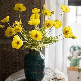 Artificial Flowers 6 Stems Poppy Silk Bouquet,for Wedding, Home, Party Decoration,Table Centerpiece Arrangement(Yellow)