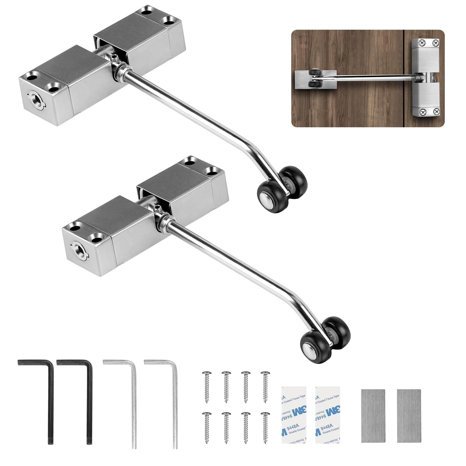 Automatic Spring Door Closer, 2PCS Stainless Steel Adjustable Door Spring Closer for Interior Door, Quiet Auto Gate Closer Door Closing, Safety Door Stopper with Adjusting Rod and Screws