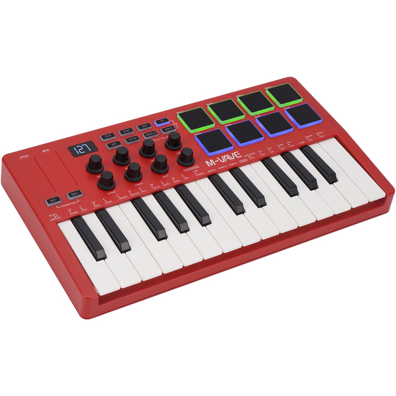 M-VAVE 25 Key USB MIDI Keyboard Controller With 8 Backlit Drum Pads, Bluetooth Semi Weighted Professional dynamic keybed 8 Knobs and Music Production,Software Included (Red)