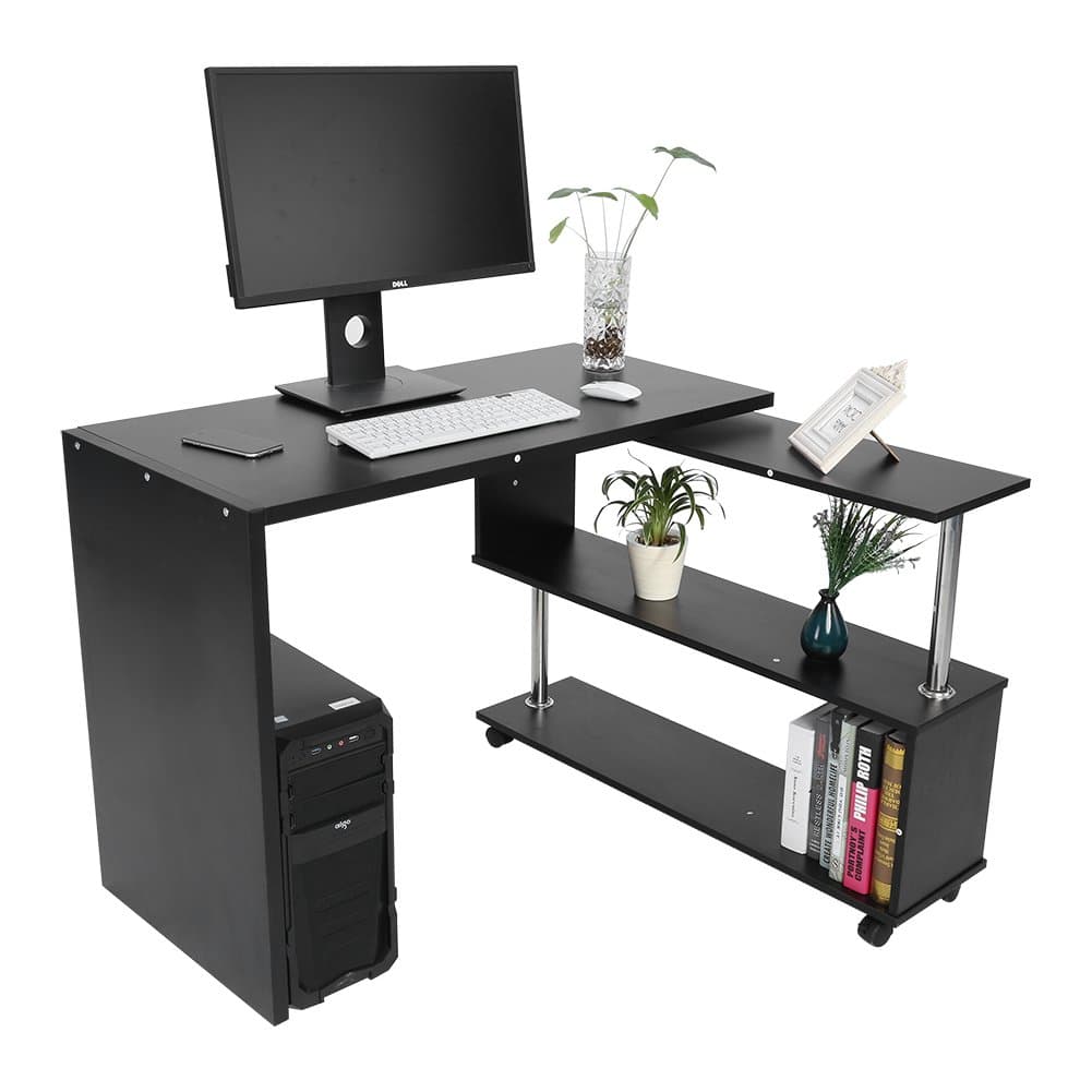 GOTOTOP Corner Computer Desk, 360 Degree Rotatable Adjustable Workstation Table With Book Shelves