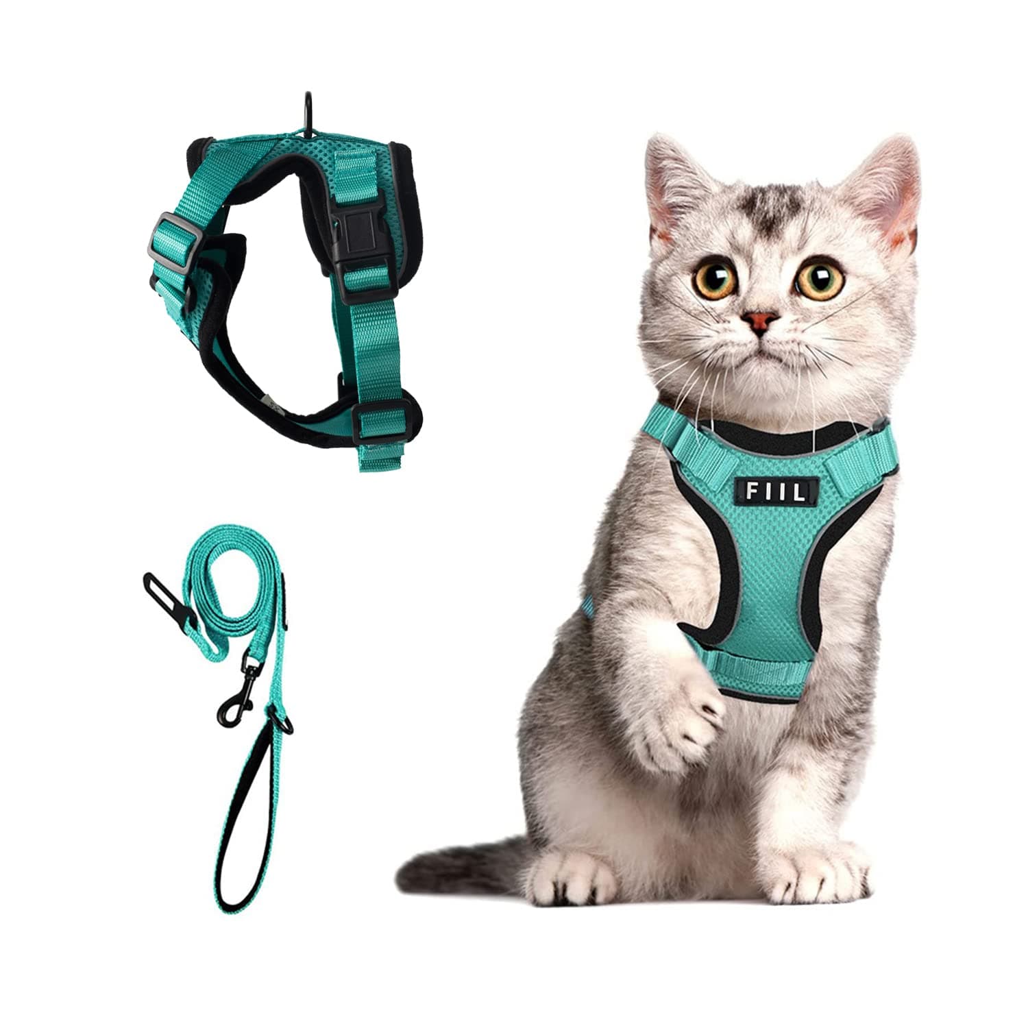 FIILCat Harness and Leash for Walking, Escape Proof Soft Adjustable Vest Harnesses for Cats, Adjustable Dog Harness - Reflective and Soft（ Emerald）. (XS, Emerald)
