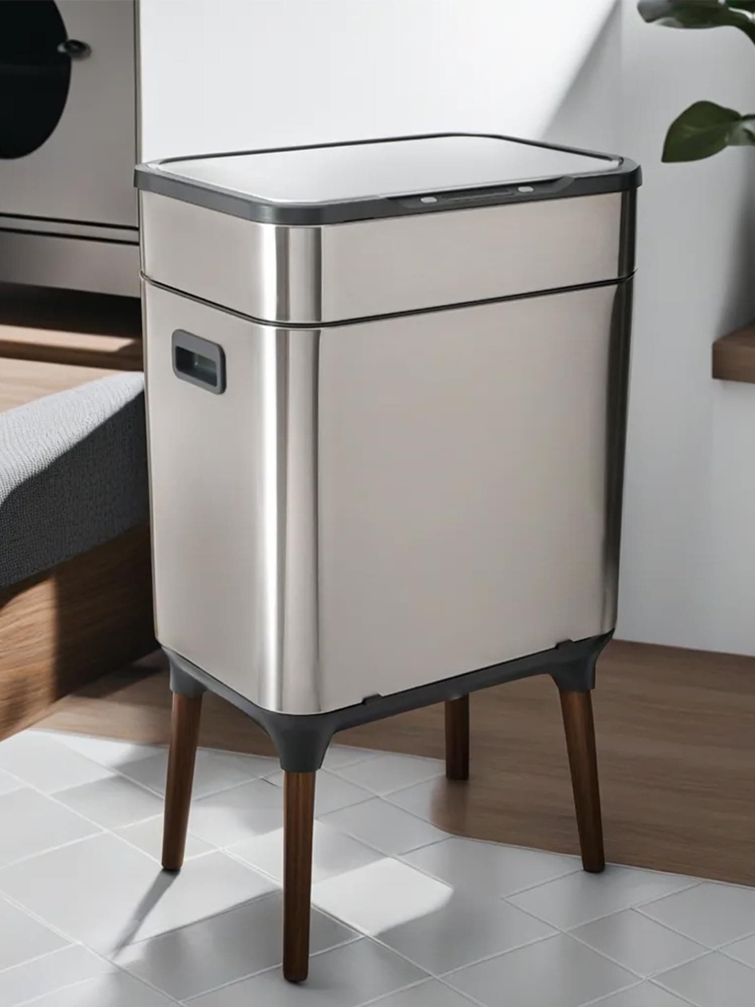 SAVYA HOME Dual Compartment Automatic Smart Sensor Steel Dustbin with Lid | 2 Removable Buckets for Trash | Wooden Legs | 13L + 13L| Dustbin for Kitchen, Bathroom, Office, Silver, 1
