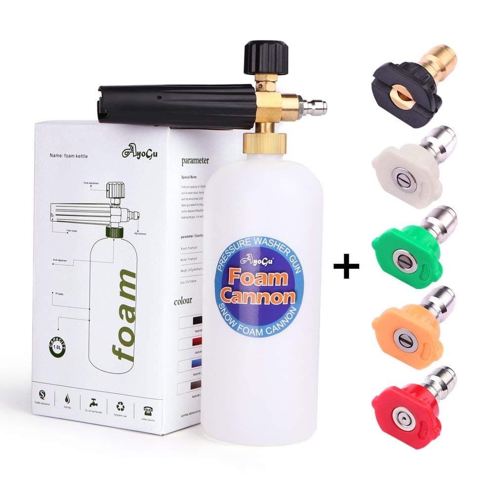 Foam Cannon Adjustable Snow Foam Lance with 1/4 Quick Connector Foam Blaster for Pressure Washer Gun 1 Liter Bottle,5 Pressure Washer Nozzles for Cleaning (Foam Cannon with 5 Nozzles)